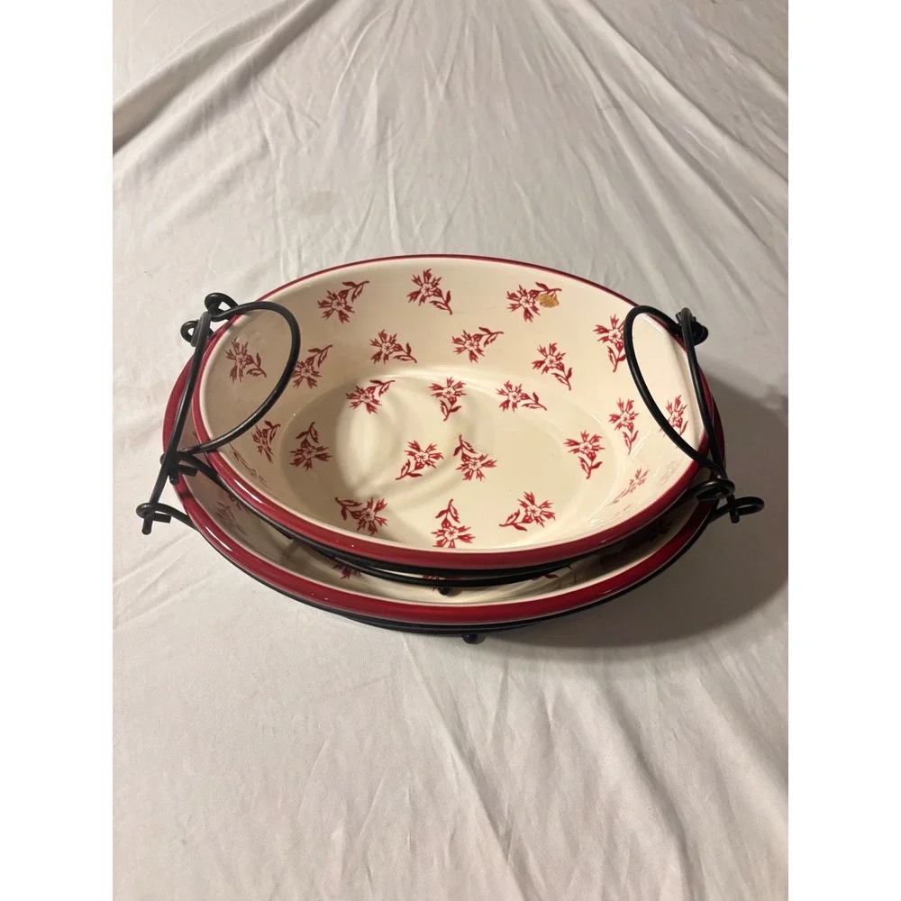 Temp-tations Floral Lace Oval Baker Set Red Cream Ceramic 2pc with Wire Racks EX